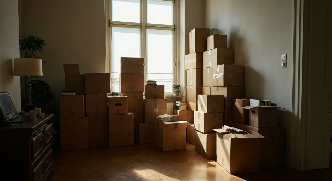 Living room filled with moving boxes