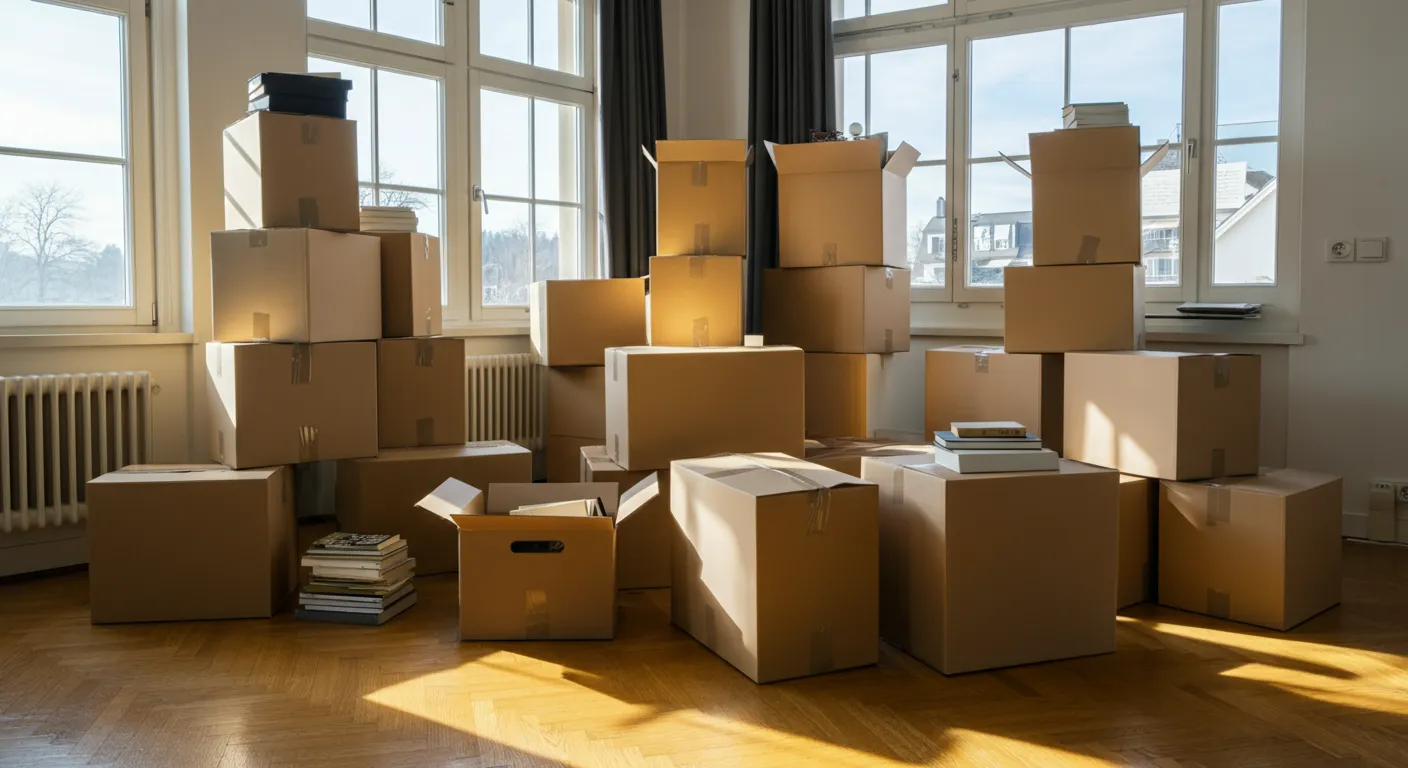 Living room filled with moving boxes