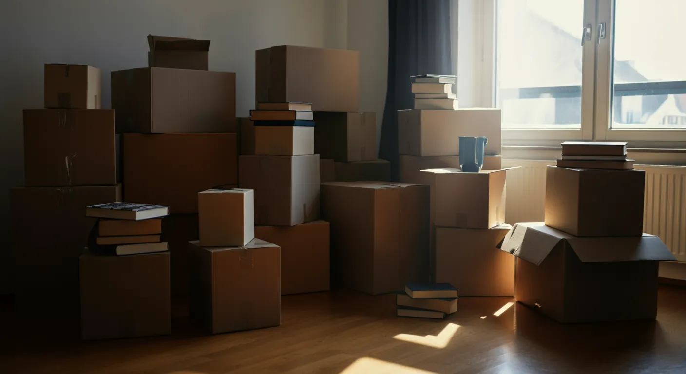 Living room filled with moving boxes