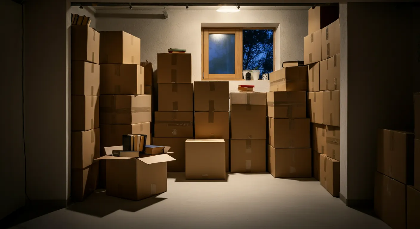 Living room filled with moving boxes