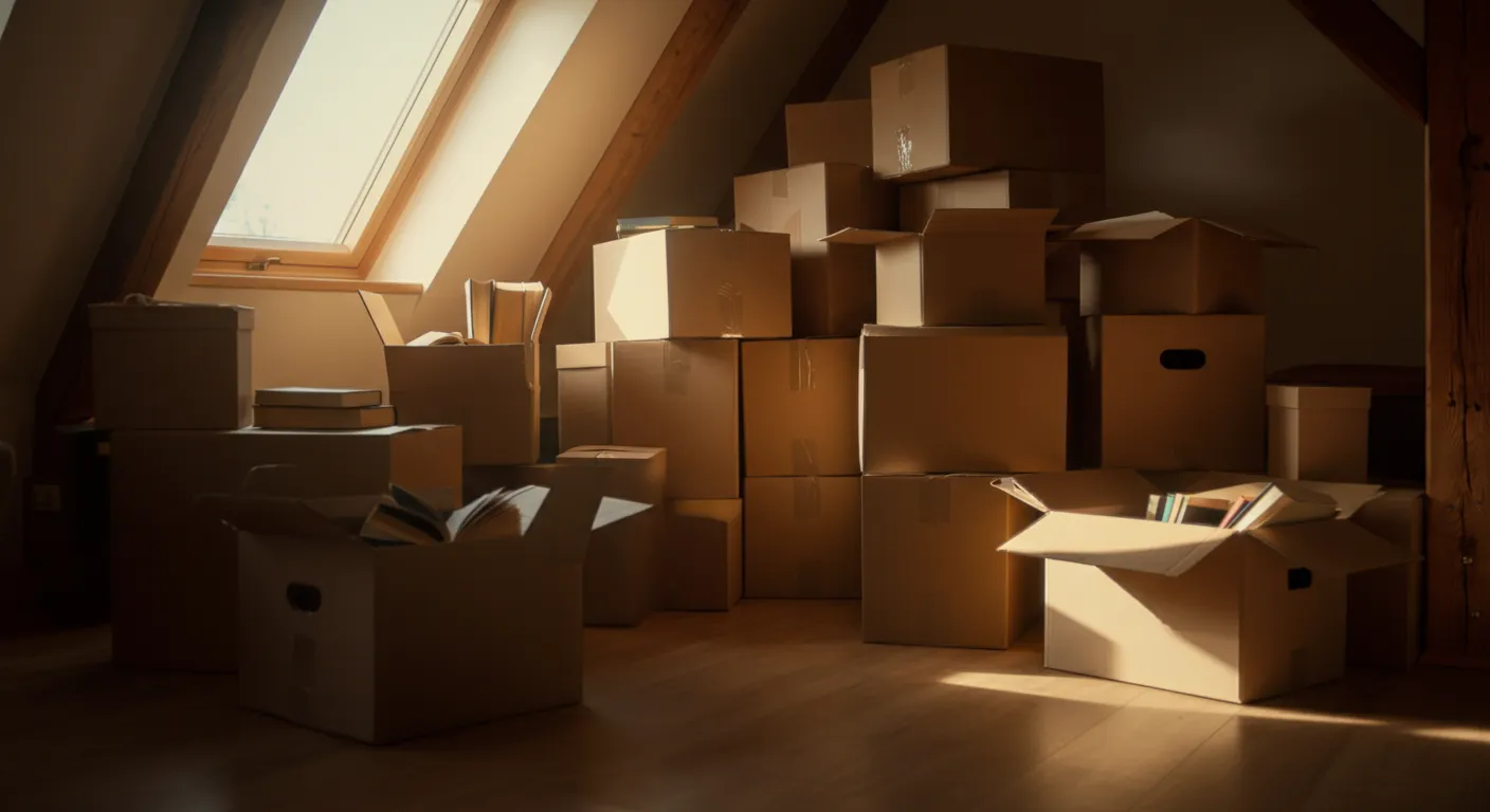 Living room filled with moving boxes