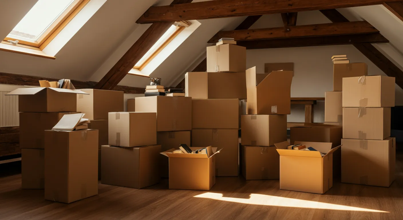Living room filled with moving boxes