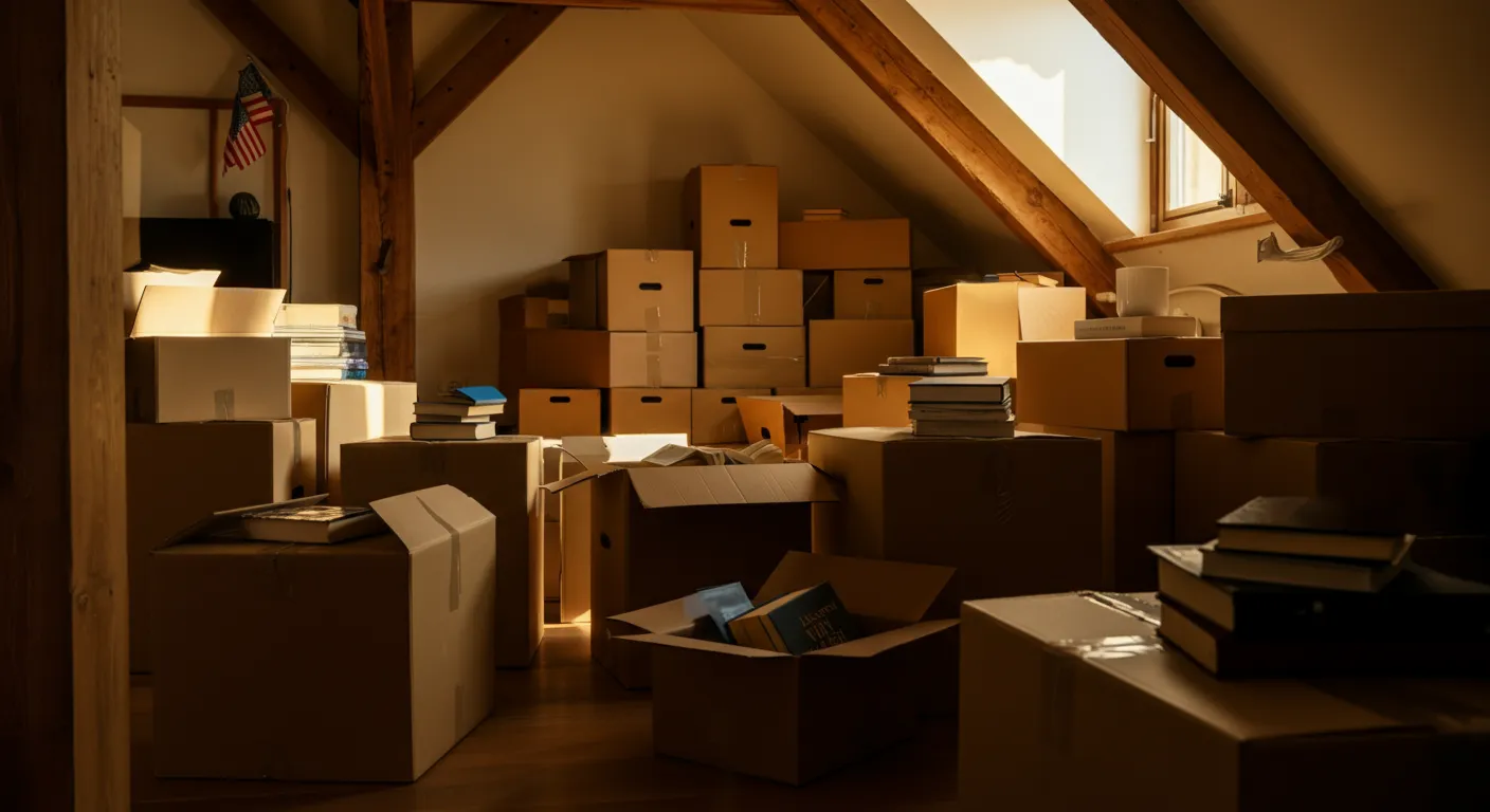 Living room filled with moving boxes