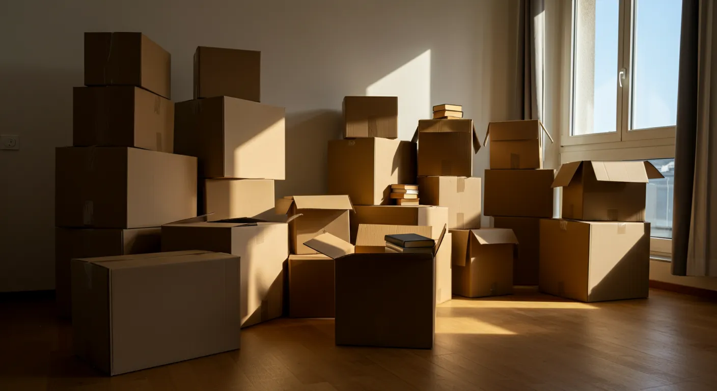 Living room filled with moving boxes