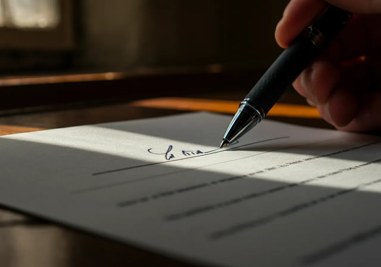 Pen on document signature line